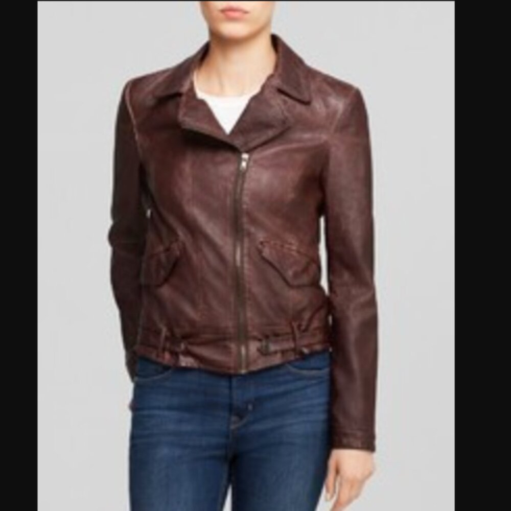 Kut from the Kloth Dean Faux Leather Moto Biker Jacket Medium Brown Asymmetric